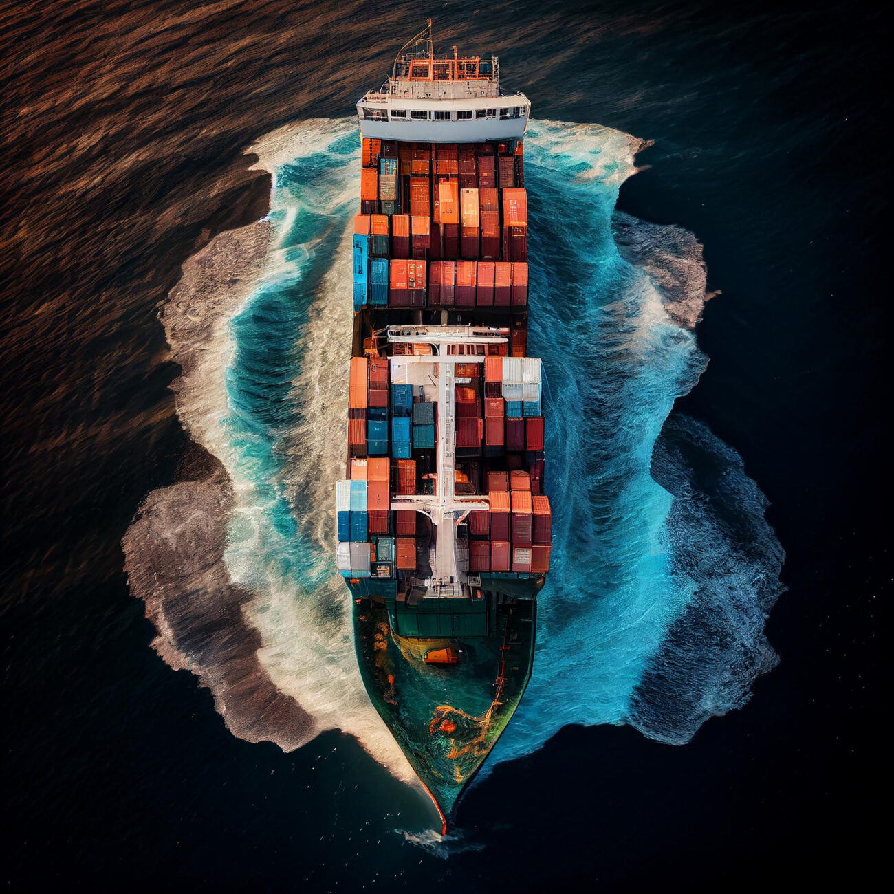 Aerial top view container cargo ship with contrail ocean ship carrying container freight forwarding